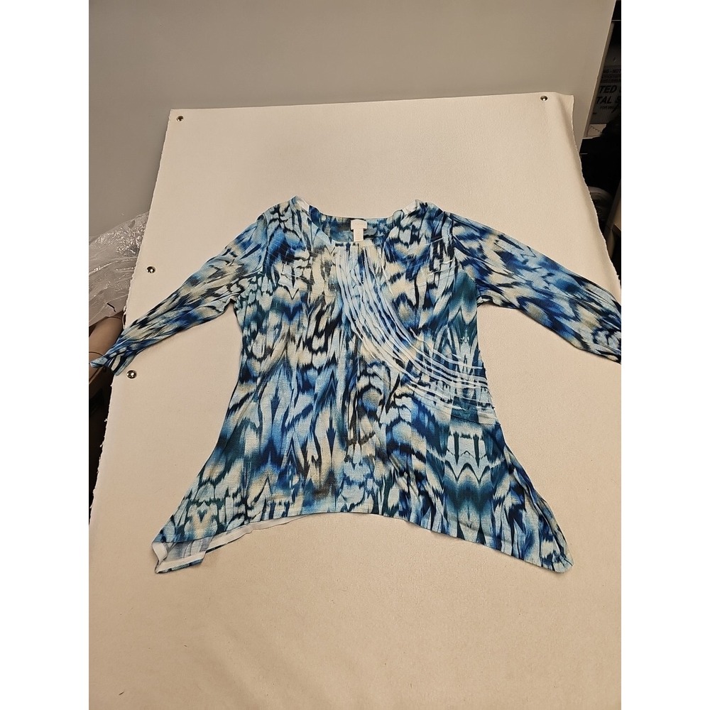 Chicos 2 Size Large Tie-Dye Abstract Asymmetrical Blouse Slinky 3/4 Sleeve